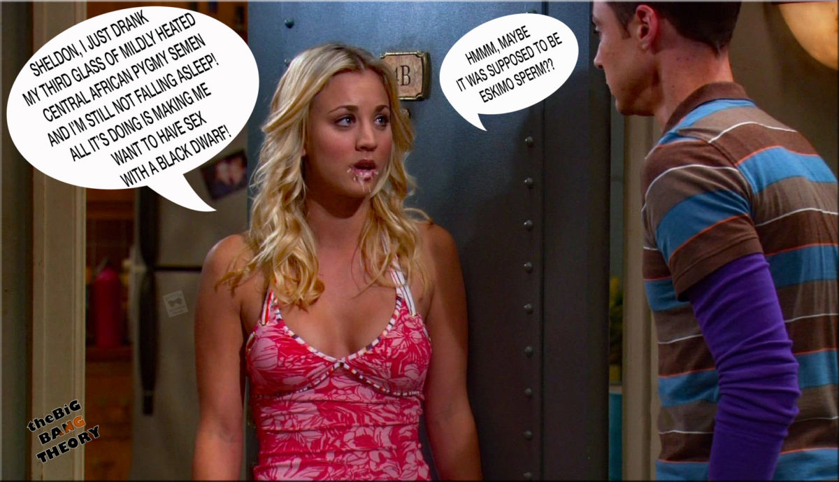 kaley cuoco as penny has fake cum dripping from her mouth