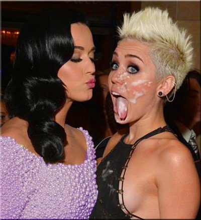 Miley Cyrus Fake Facial About To Get Kissed By Katy Perry