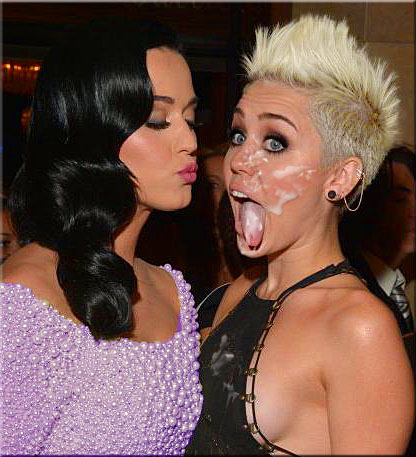 miley cyrus fake facial about to get kissed by katy perry, MyCelebrityFakes.com