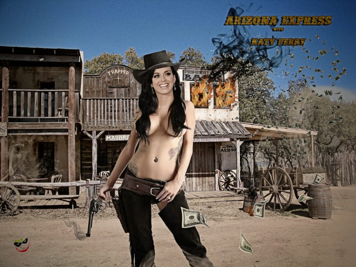 Katy Perry fake nude posing topless as a cowgirl in the wild west