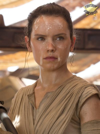 Daisy Ridley as Rey from Star Wars has her complete face covered in sperm